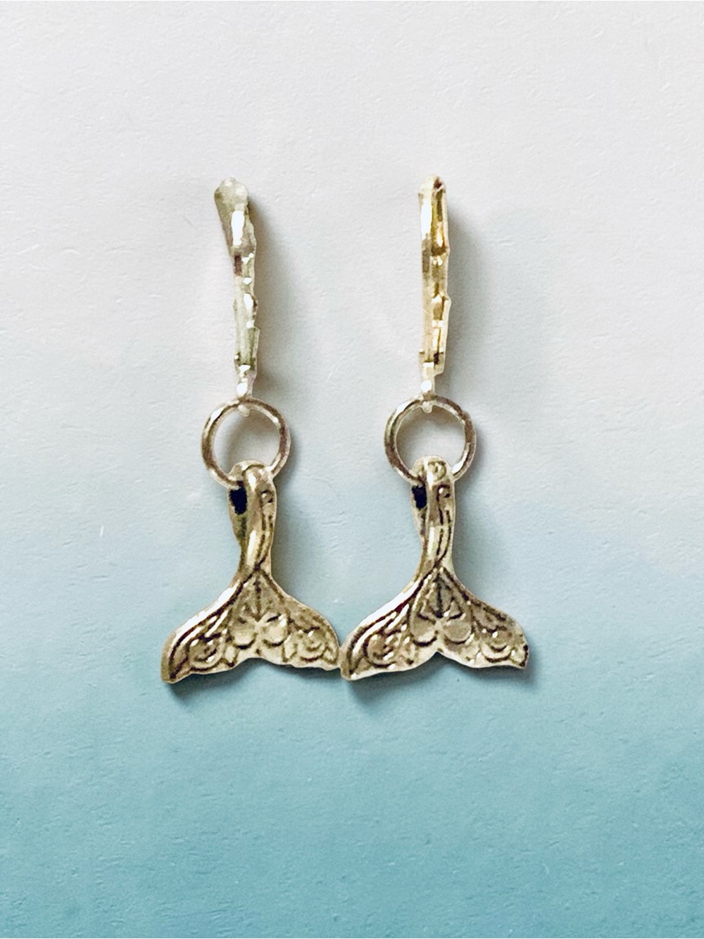 Silver-tone Mermaid or Whale’s Tail Lever back Drop Earrings Handmade